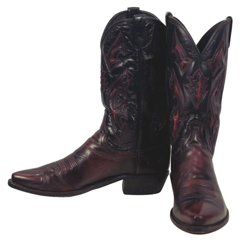 Dan Post Black Cherry Leather Cowboy Western Boots Inlay Red Brushoff Men's 12 D